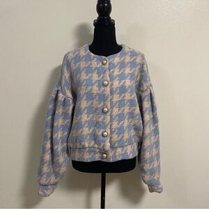Storets Cardigan Women’s Size Medium Blue Cream Lori Houndstooth Cardigan